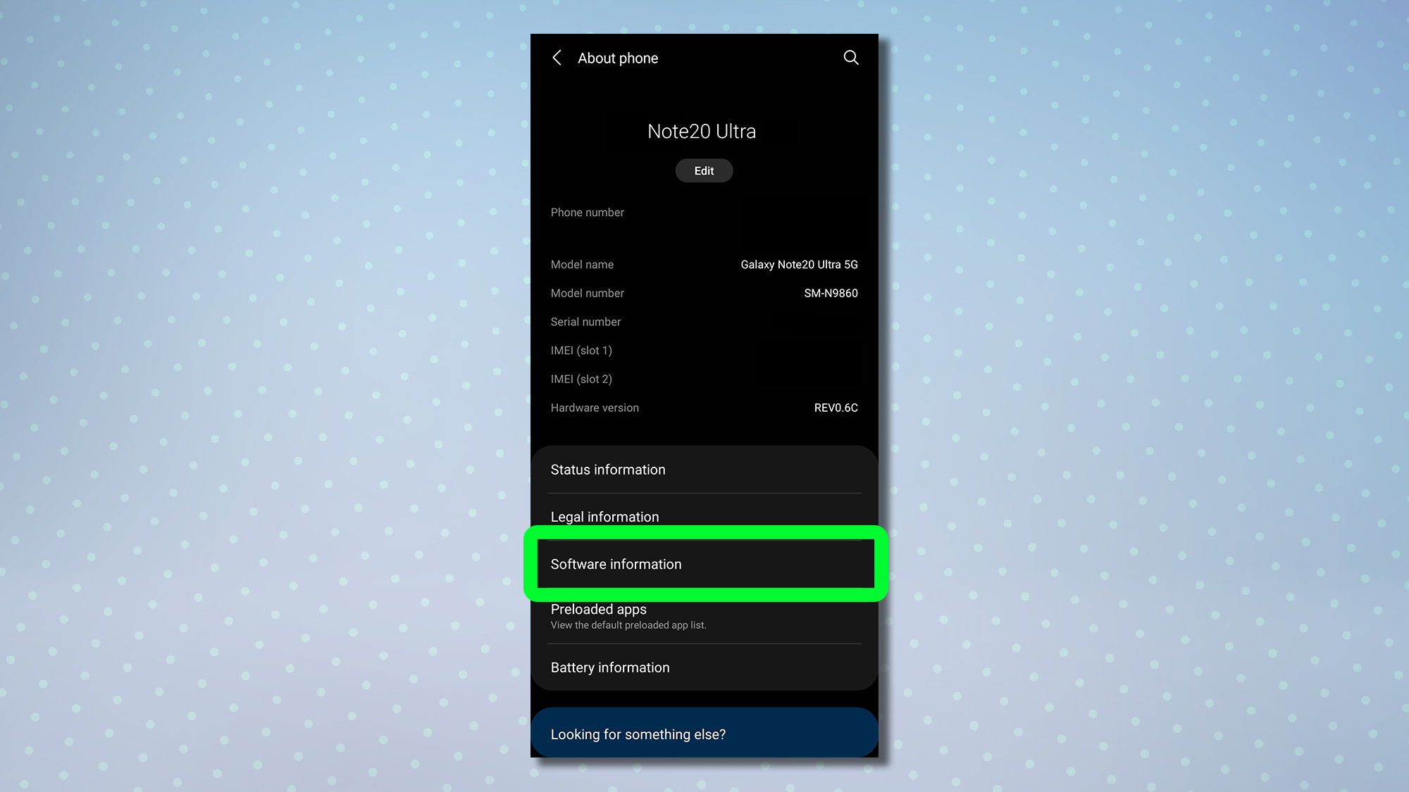 A screenshot showing the Android about phone menu