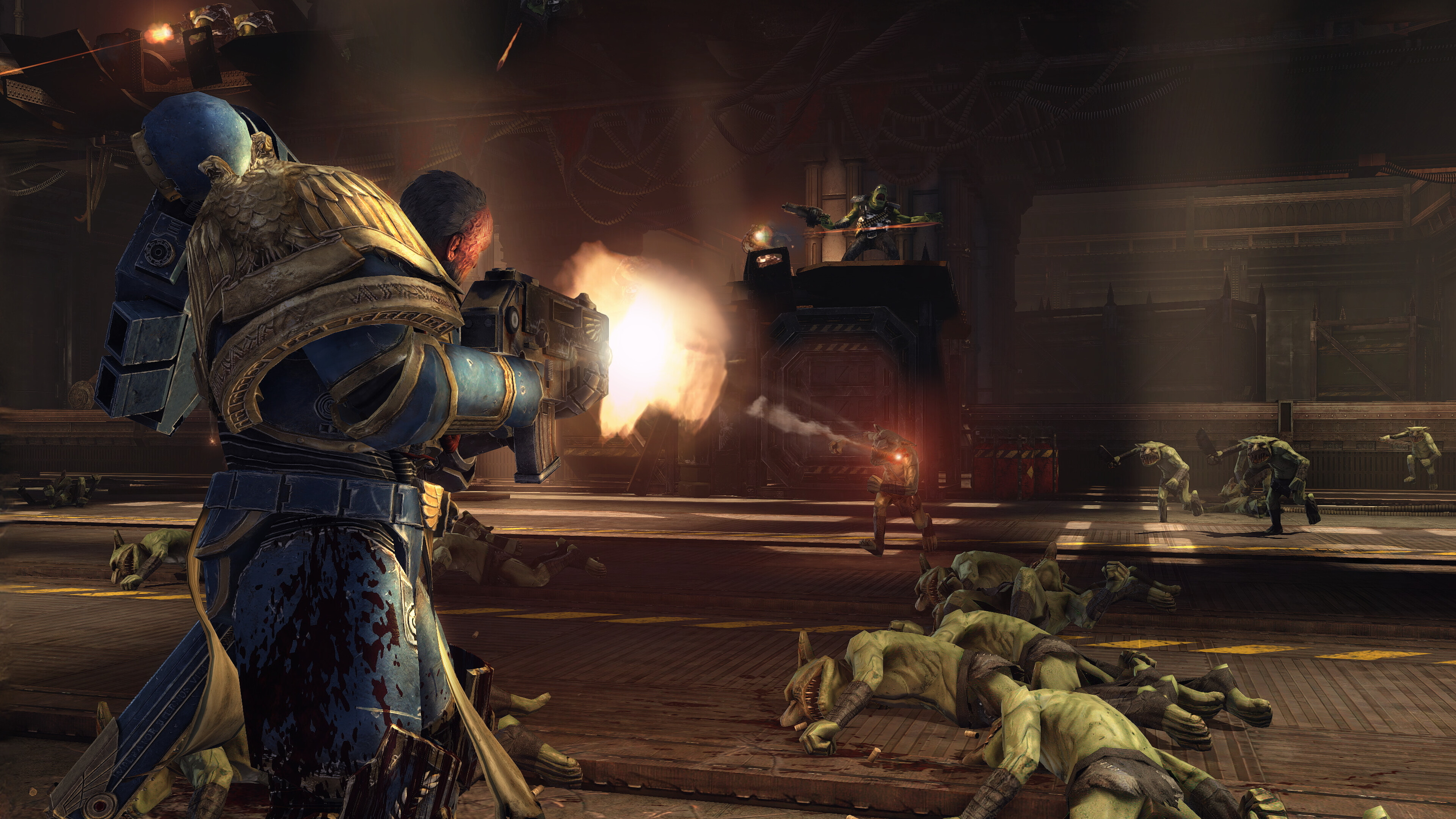 Titus shooting at grots in Warhammer 40,000: Space Marine Master Crafted Edition.