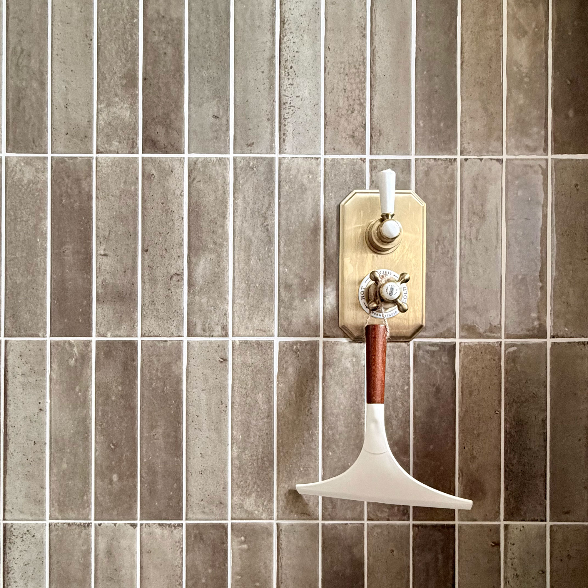 Brass shower fitting with squeegee hanging off it