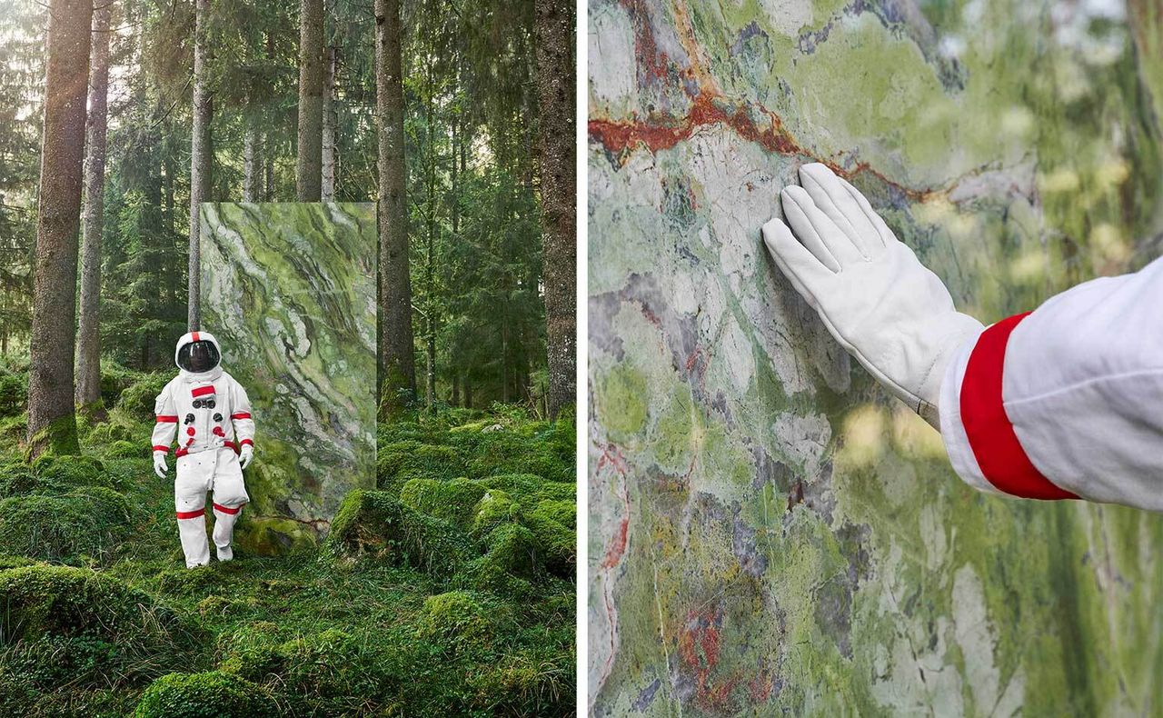 space man in forest on earth beside slab of FMG ceramics from Live New Worlds campaign