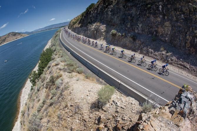 Passing along a reservoir during the Tour of Utah.