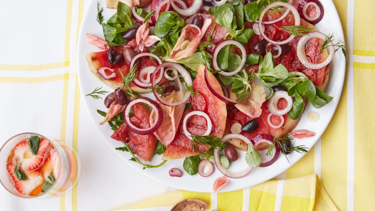 Watermelon, onion and black olive salad