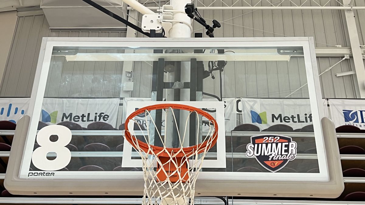 The Marshall CV368 camera rests atop a basketball net and backboard.