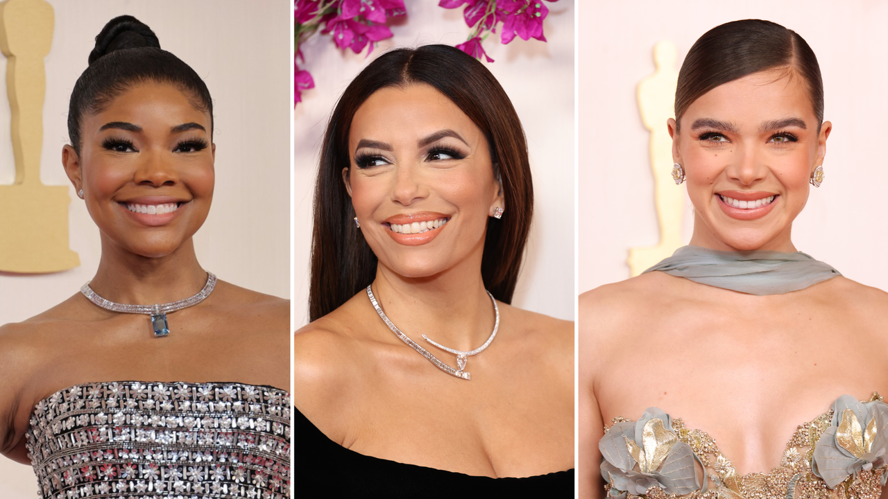 oscars 2024 beauty collage including gabrielle union, eva longoria, and hailee steinfeld