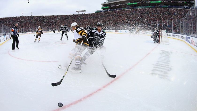 Action from the NHL Winter Classic, taking place at Wrigley Field in 2025