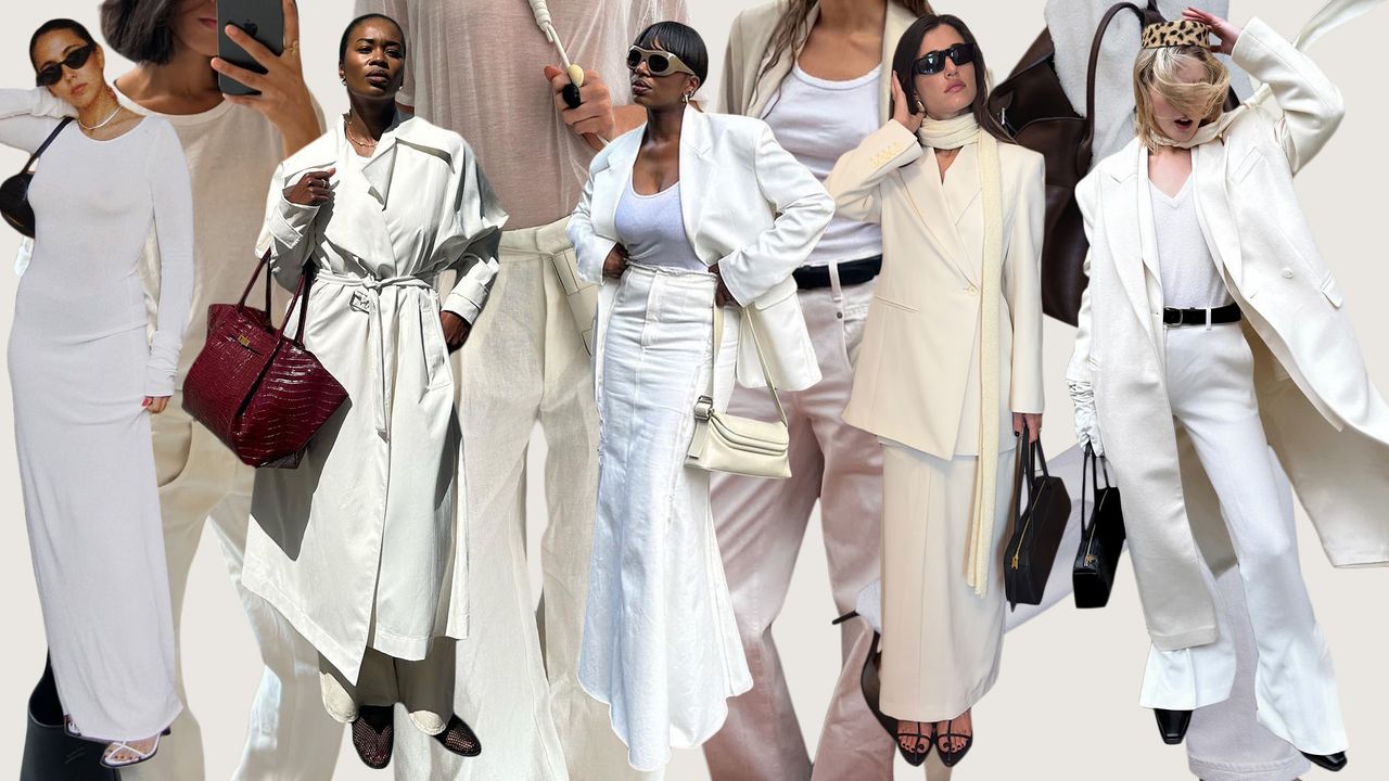 A collage of women wearing all-white outfits. 