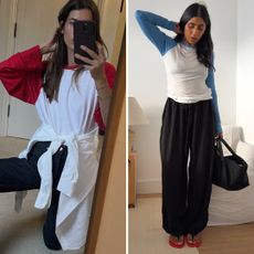 fashion collage of two influencers Laura Vidrequin Roso and Monikh Dale wearing outfits with baseball style raglan T-shirts