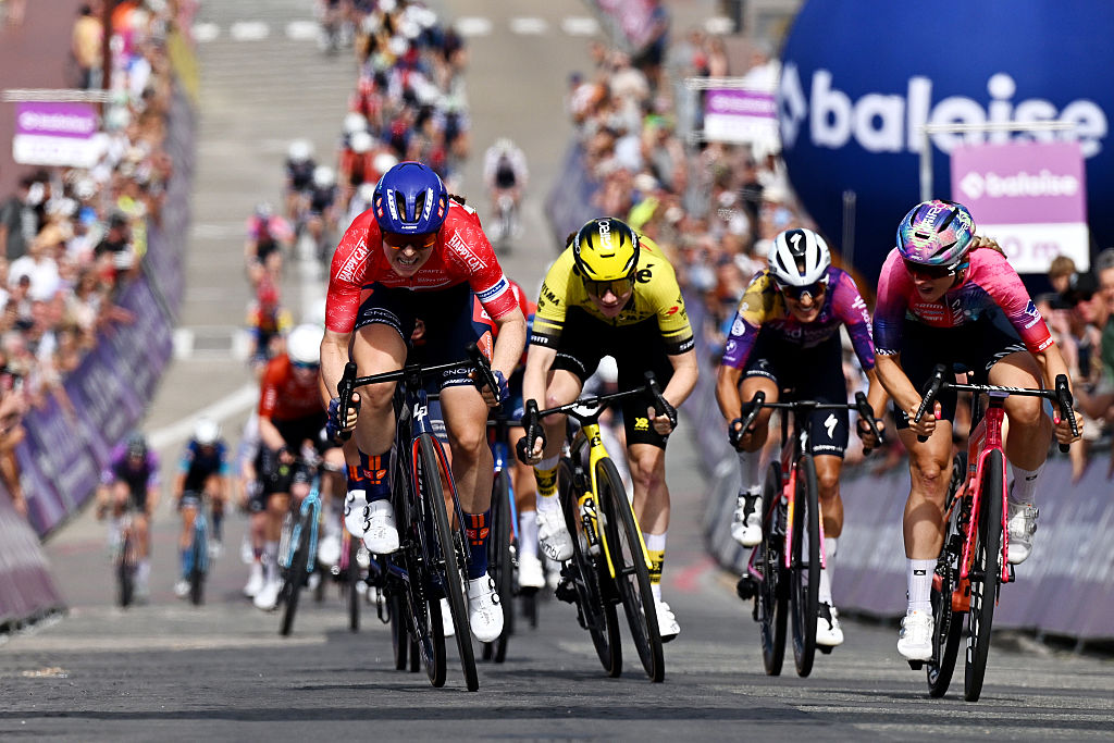 KNOKKE-HEIST, BELGIUM - JULY 17: (L-R) Charlotte Kool of Netherlands and Team Picnic PostNL - Red points Jersey, Nienke Veenhoven of Netherlands and Team Visma | Lease a Bike, Barbara Guarischi of Italy and Team SD Worx - Protime and Chiara Consonni of Italy and Team CANYON//SRAM zondacrypto sprint at finish line to win during the 11th Baloise Ladies Tour 2025, Stage 1 a 127.2km stage from Jabbeke to Knokke-Heist on July 17, 2025 in Knokke-Heist, Belgium. (Photo by Luc Claessen/Getty Images)