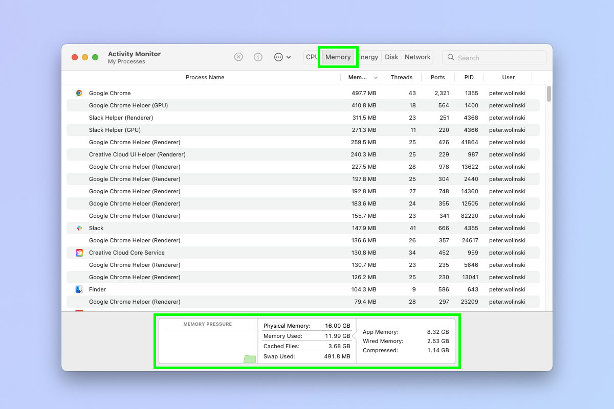 Снимок экрана, показывающий, как открыть Монитор активности, чтобы проверить использование ЦП/ОЗУ на Mac.