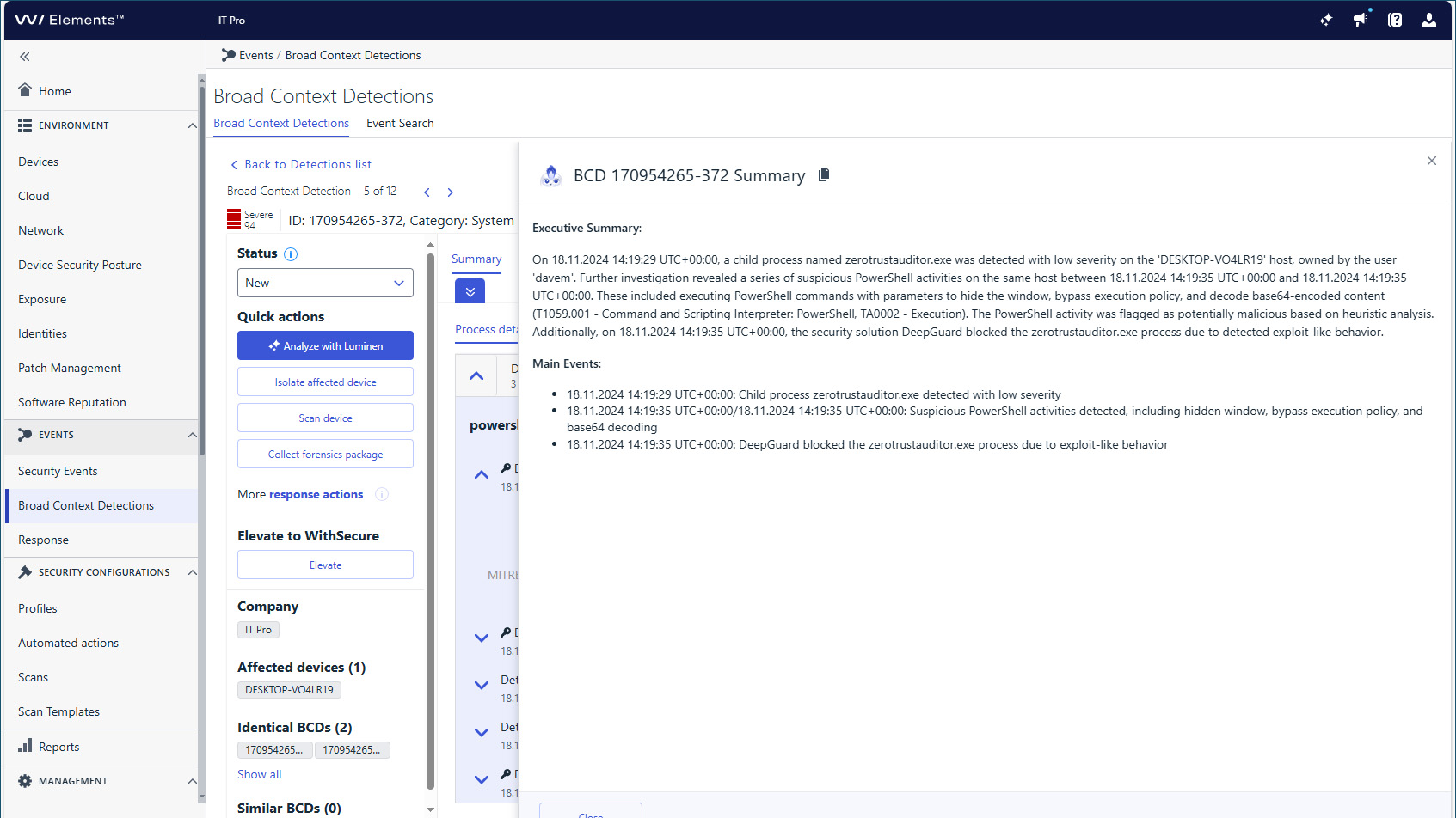 A screenshot of the WithSecure Elements detection interface