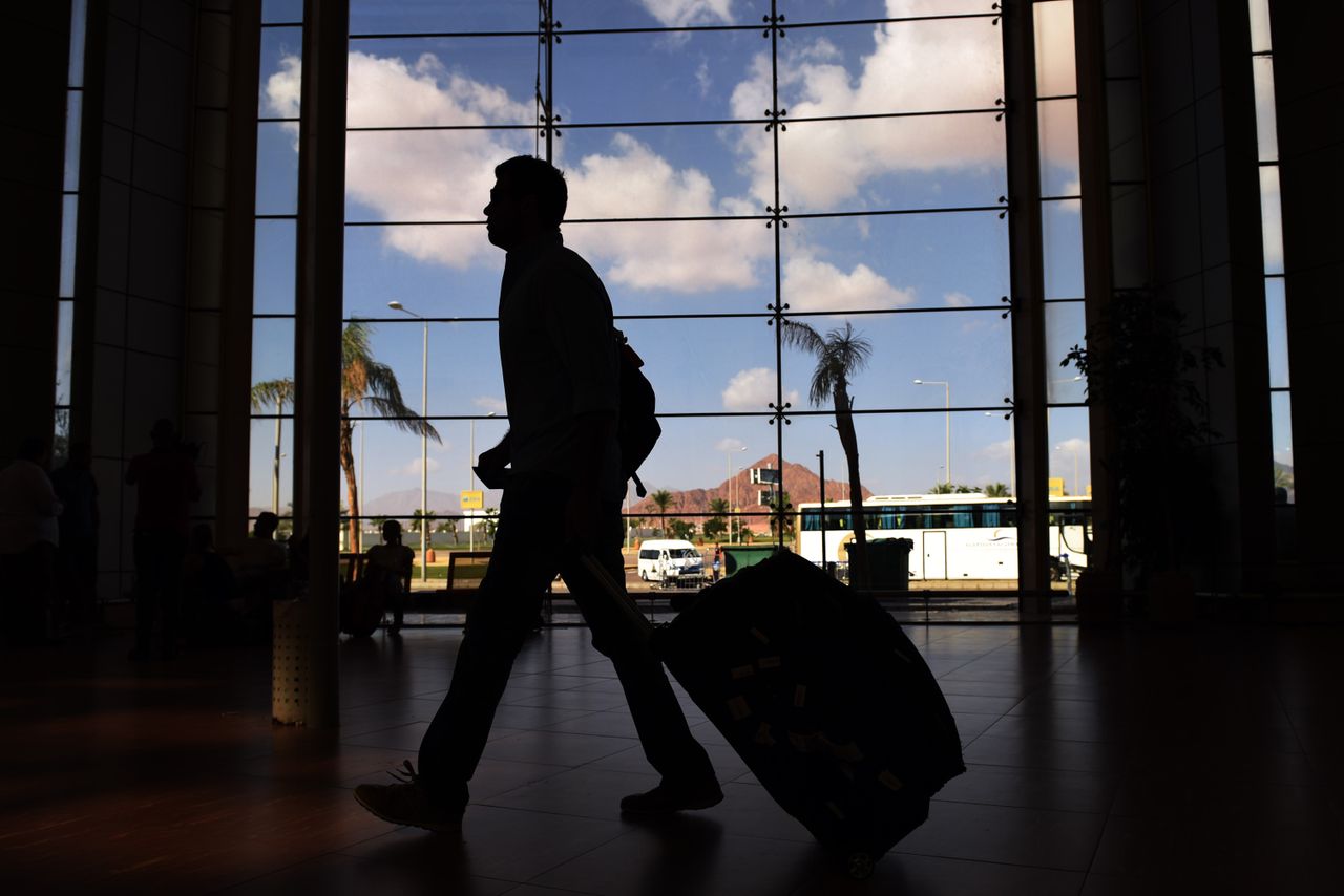 A tourist at the airport in Sharm El-Sheikh, Egypt