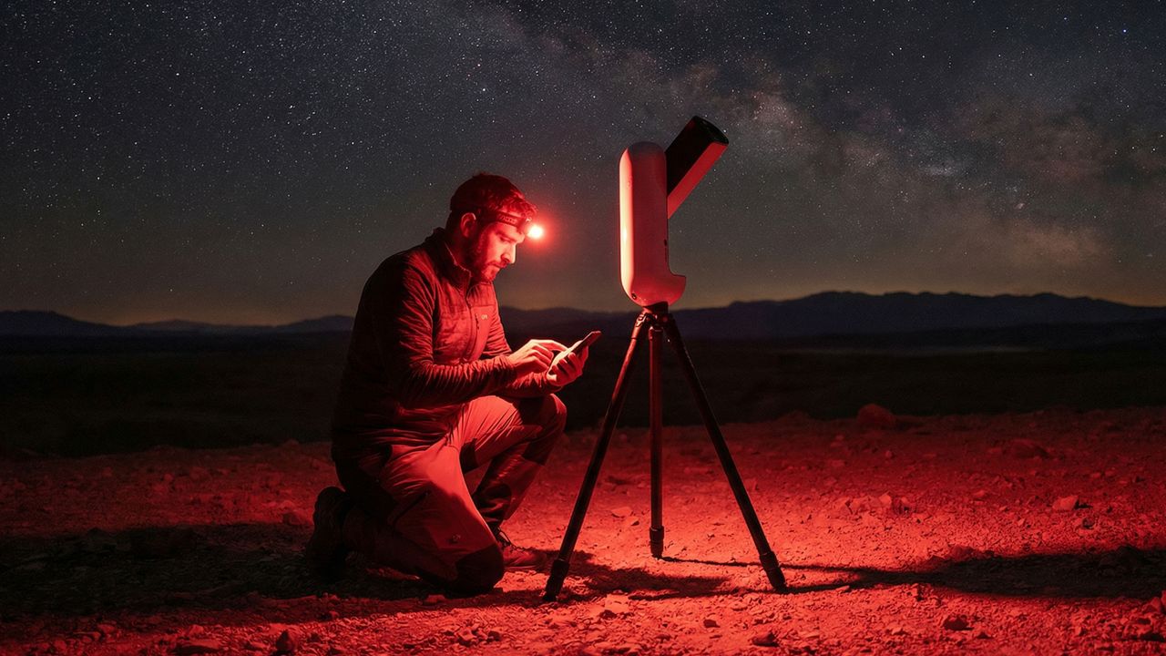A man kneeling next to the Vaonis Vespera Pro 2 with a red head torch and looking at his smartphone.