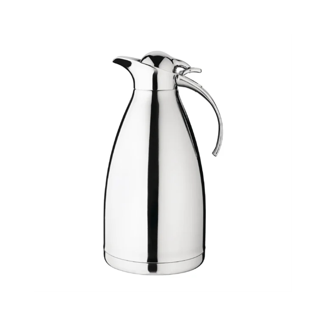 A chrome, stainless steel portable jug.
