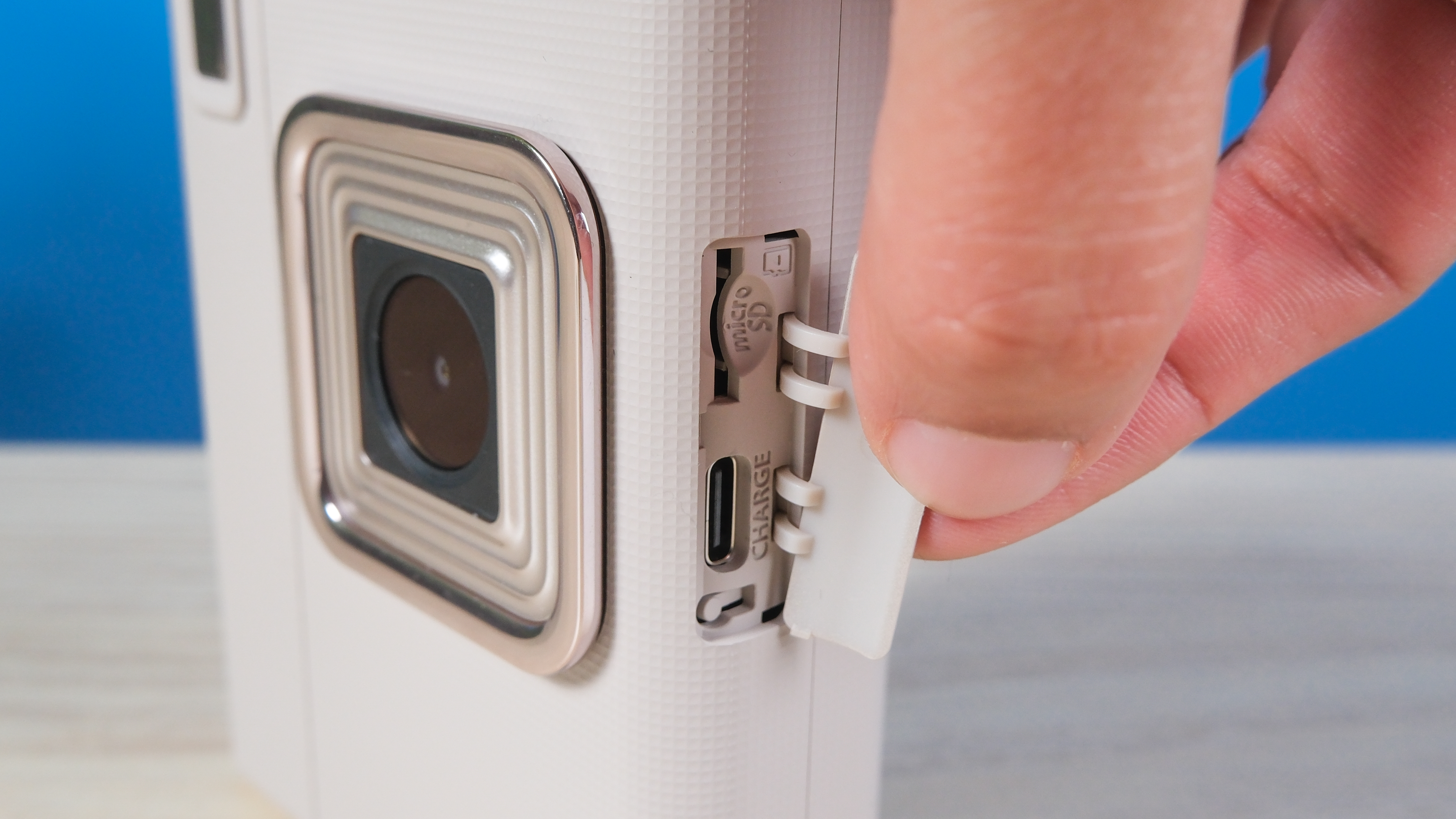 A Sand Beige Fujifilm Instax mini LiPlay Plus hybrid instant camera