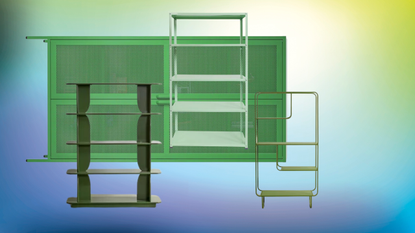green bookshelves on a colorful background