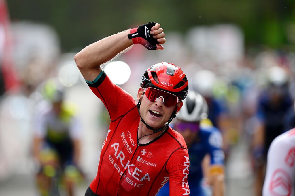 TRLISSAC FRANCE AUGUST 16 Mathis Le Berre of France and Team ArkaSamsic celebrates the victory of his teammate Luca Mozzato of Italy during the 56th Tour du LimousinPerigord Nouvelle Aquitaine 2023 Stage 2 a 1856km stage from Excideuil to Trlissac on August 16 2023 in Trlissac France Photo by Dario BelingheriGetty Images