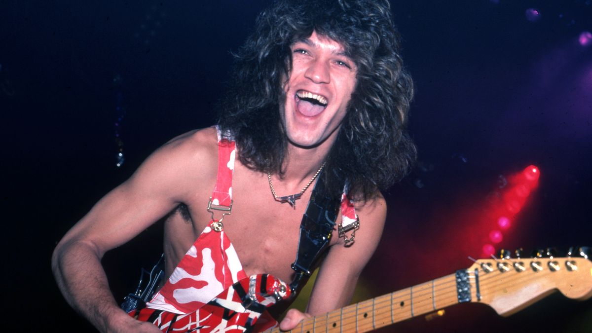 Eddie Van Halen plays his custom Frankenstrat guitar at Cobo Arena during Van Halen&#039;s &quot;Hide Your Sheep Tour&quot; on August 13, 1982, in Detroit, Michigan. 