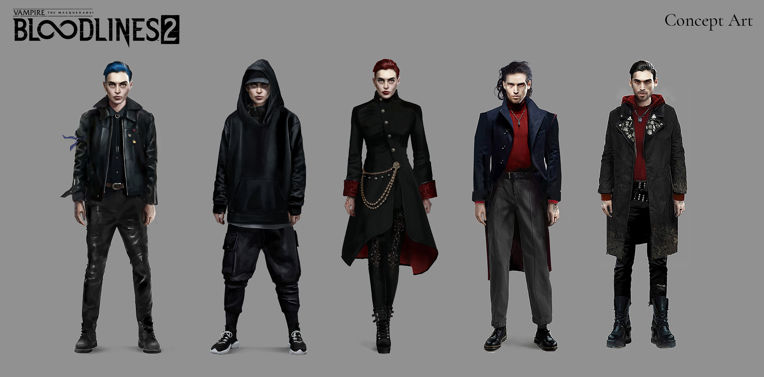 Mehrere Outfits der Hauptfigur aus Vampire: The Masquerade - Bloodlines 2.
