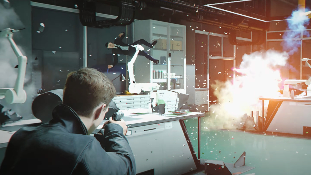 Young James Bond shoots through an exploding lab in 007 First Light.