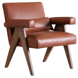 Faux leather armchair accent chair with lumbar pillow, walnut V-shape solid wood legs 