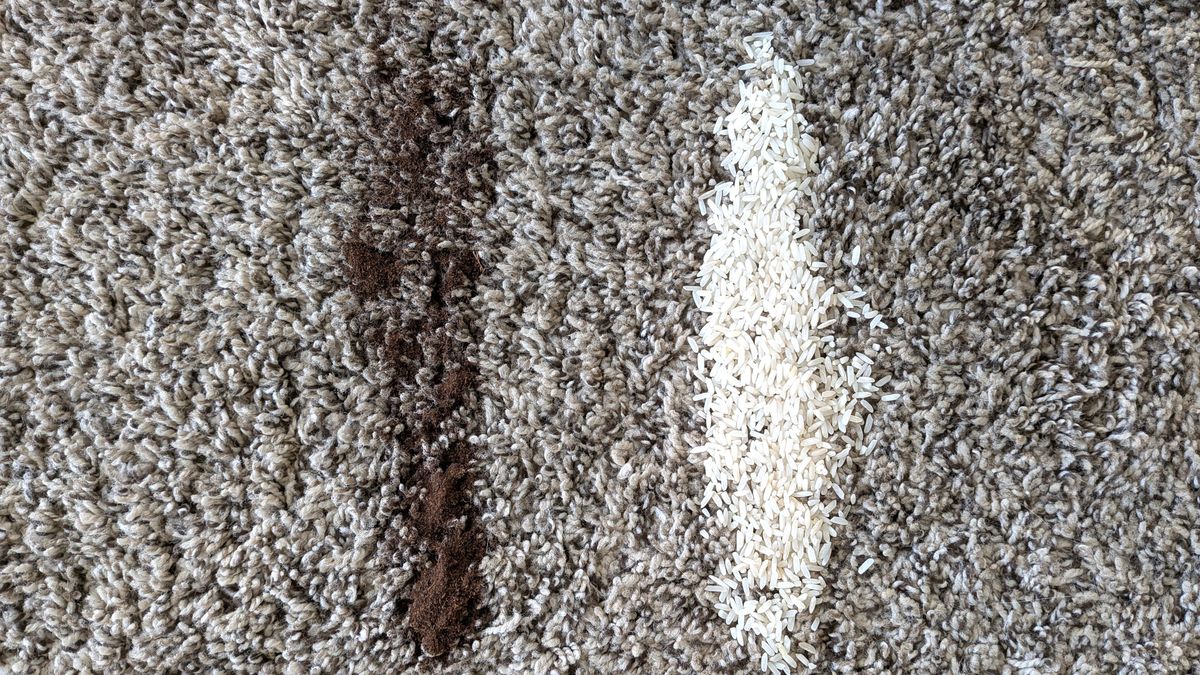 Rice and coffee grounds on carpet before testing Shark PowerDetect Speed vacuum cleaner