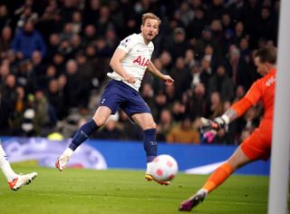 Tottenham Hotspur’s Harry Kane scores their side’s fifth goal of the game during the Premier League match at the Tottenham Hotspur Stadium, London. Picture date: Monday March 7, 2022