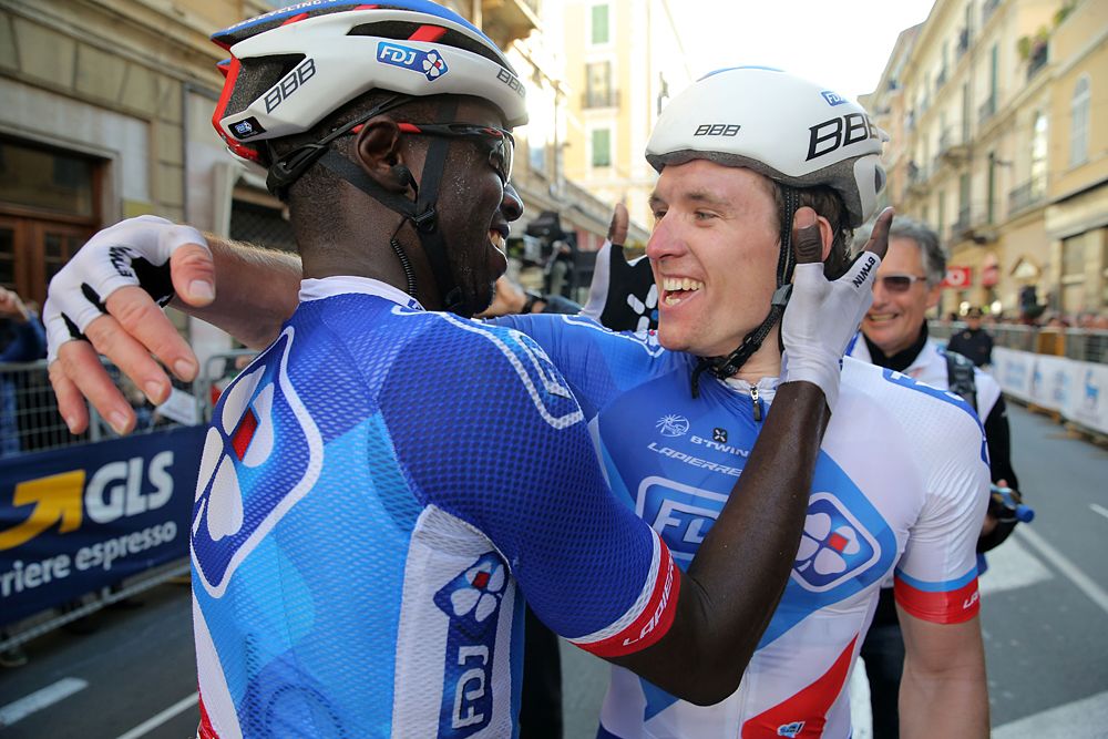 Arnaud Demare (FDJ) celebrates his Milan-San Remo win