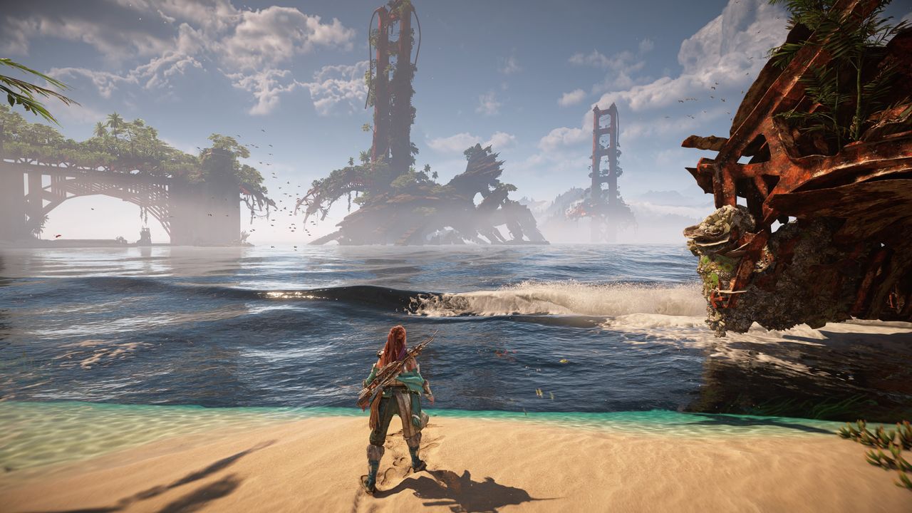 Aloy looks at the San Francisco bridge in Horizon Forbidden West
