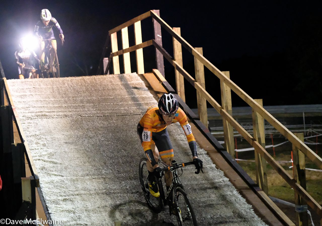 Grant Elwood (Boulder Cycle Sport) descending a flyover halfway through the race
