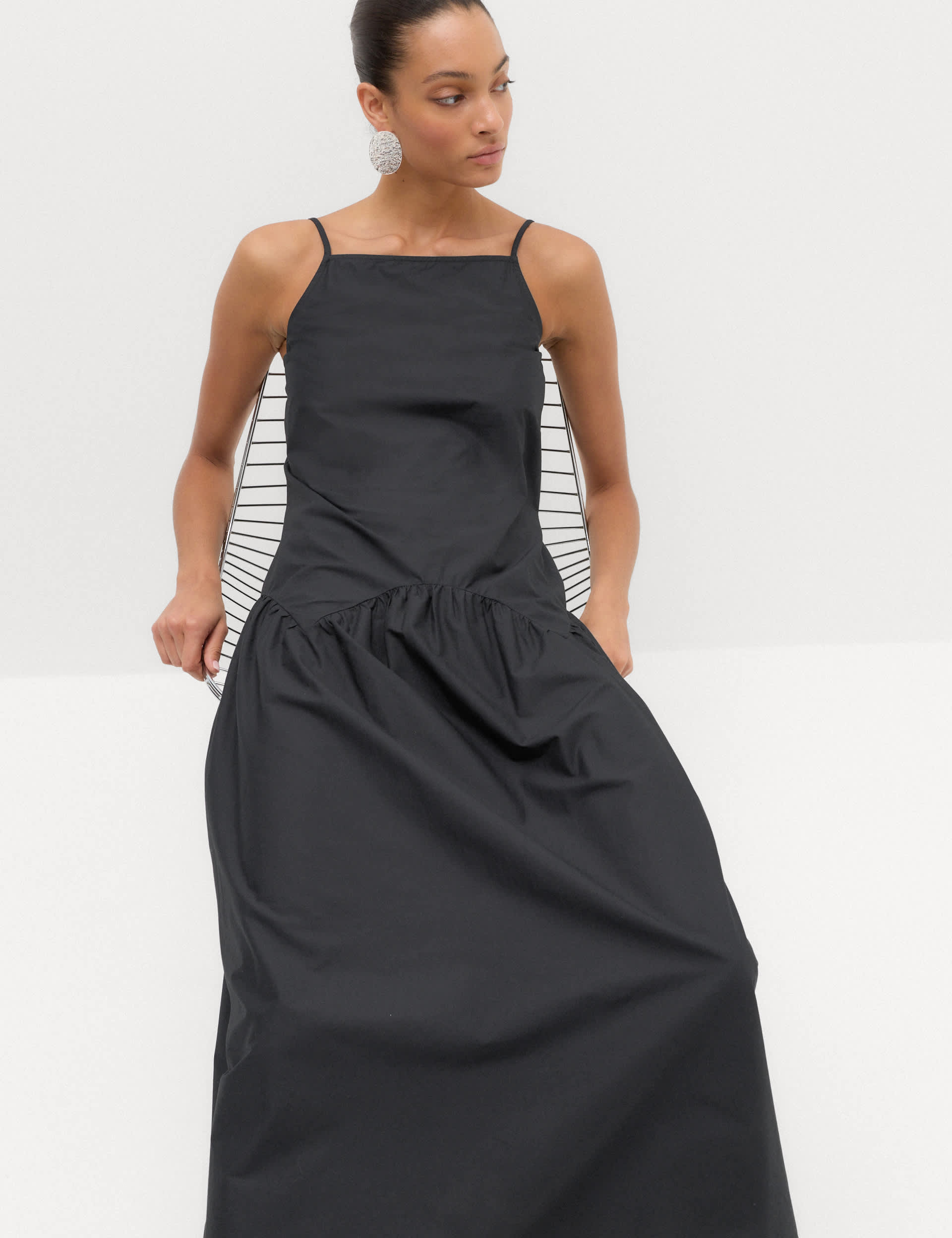 Pure Cotton Square Neck Midi Drop Waist Dress