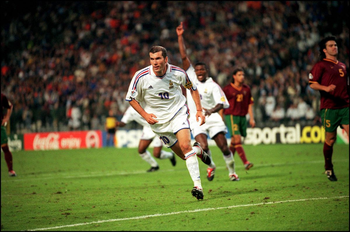 Zinedine Zidane celebrates after scoring a penalty for France against Portugal at Euro 2000.