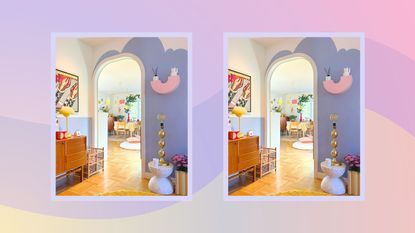 Two pictures of a colorful entryway on a purple wavy gradient background