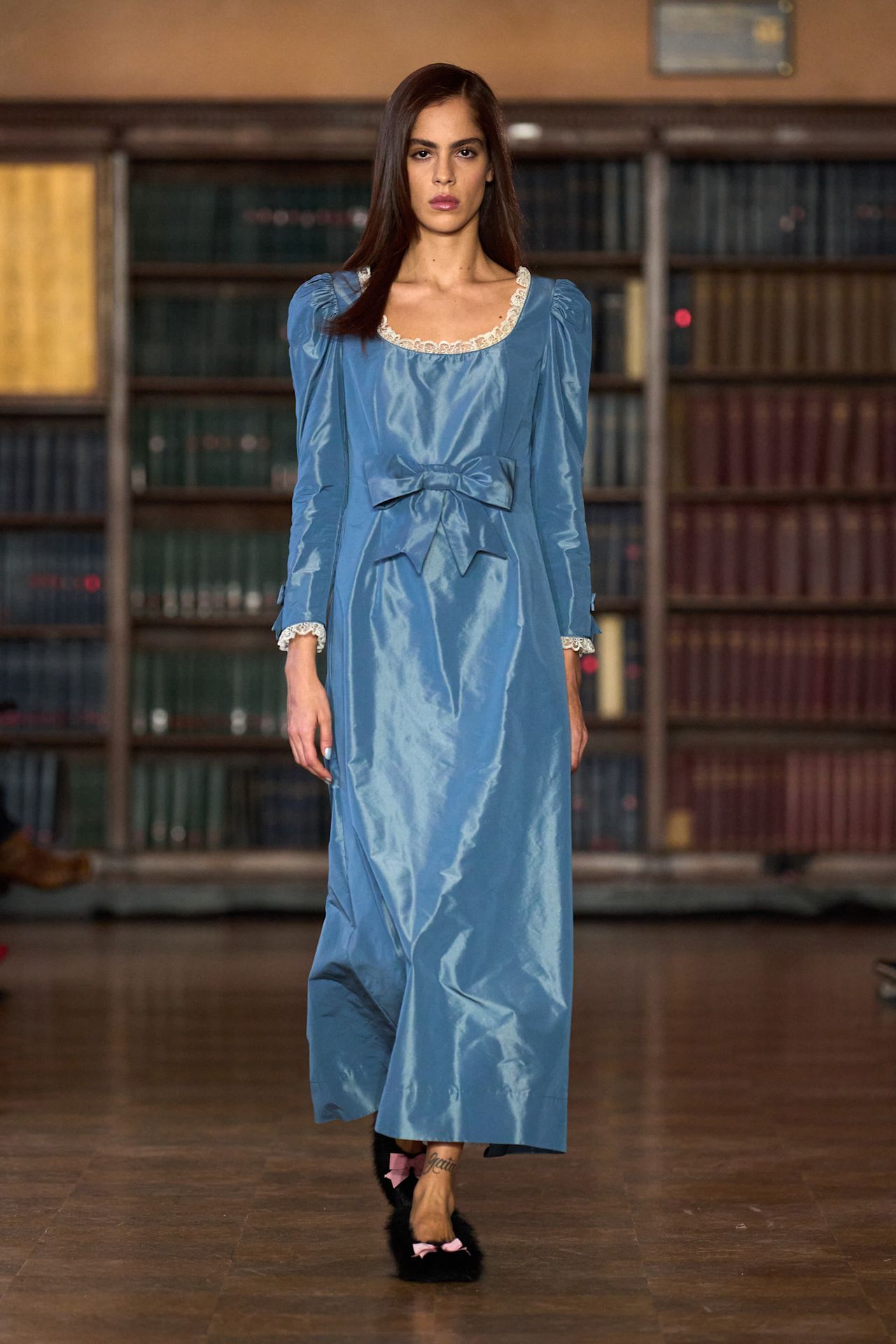 models walk the Sandy Liang Fall 2026 fashion show runway wearing slipper shoes