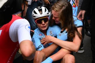 GLASGOW, SCOTLAND - AUGUST 13: Gold medalist Lotte Kopecky of Belgium reacts after the Women Elite & Women U23 Road Race a 154.1km race from Loch Lomond to Glasgow at the 96th UCI Cycling World Championships Glasgow 2023, Day 11 /#UCIWWT / on August 13, 2023 in Glasgow, Scotland. (Photo by Dario Belingheri/Getty Images)