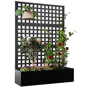 Elevens Metal Planter With Trellis, Trellis With Planter Box & Privacy Screen, Outdoor Raised Garden Bed for Climbing Plants, Trellis Planter Box With Drainage Hole (71