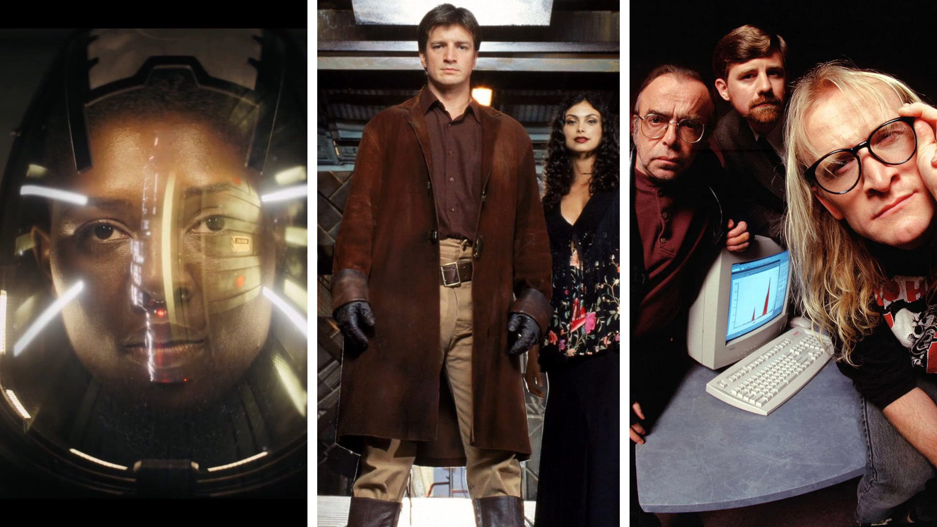 Split image showing three single season TV shows: "Nightflyers", "Firefly", and "The Lone Gunmen"