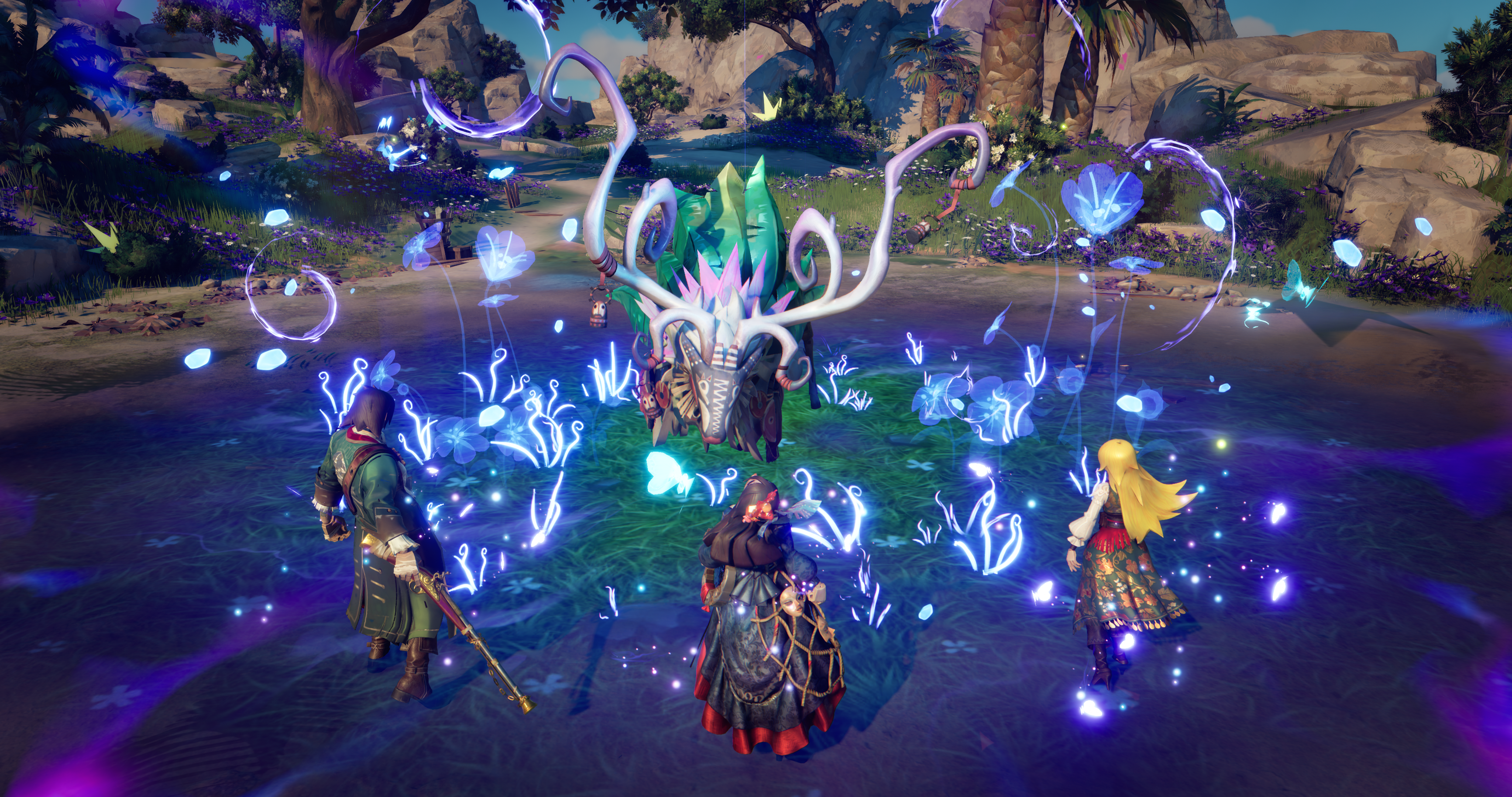 Sea of Remnants promotional imagery showing a turn based combat scene, with characters facing off against a large enemy.