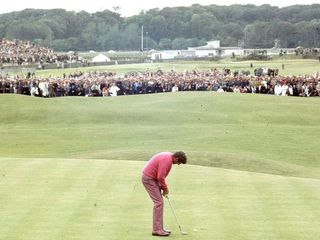 Doug Sanders lines up his second putt on the 18th green. Credit: Getty Images famous for his putting ability, attempting a short putt across the 'Valley of Sin' at the 18th hole at St Andrews during the 1970 British Open Championship. He missed the shot and it cost him the championship. Doug Sanders is the only man to win the Canadian Open as an amateur. The Royal and Ancient golf club at St Andrews was founded in 1754 and recognised as the Governing Authority on the rules of the game in 1897. There are now more than 100 countries and associations affiliated to the famous club. (Photo by A. Jones/Express/Getty Images) open golf choke