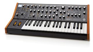 The hallmark Moog wood panelling is employed on either side of the synth