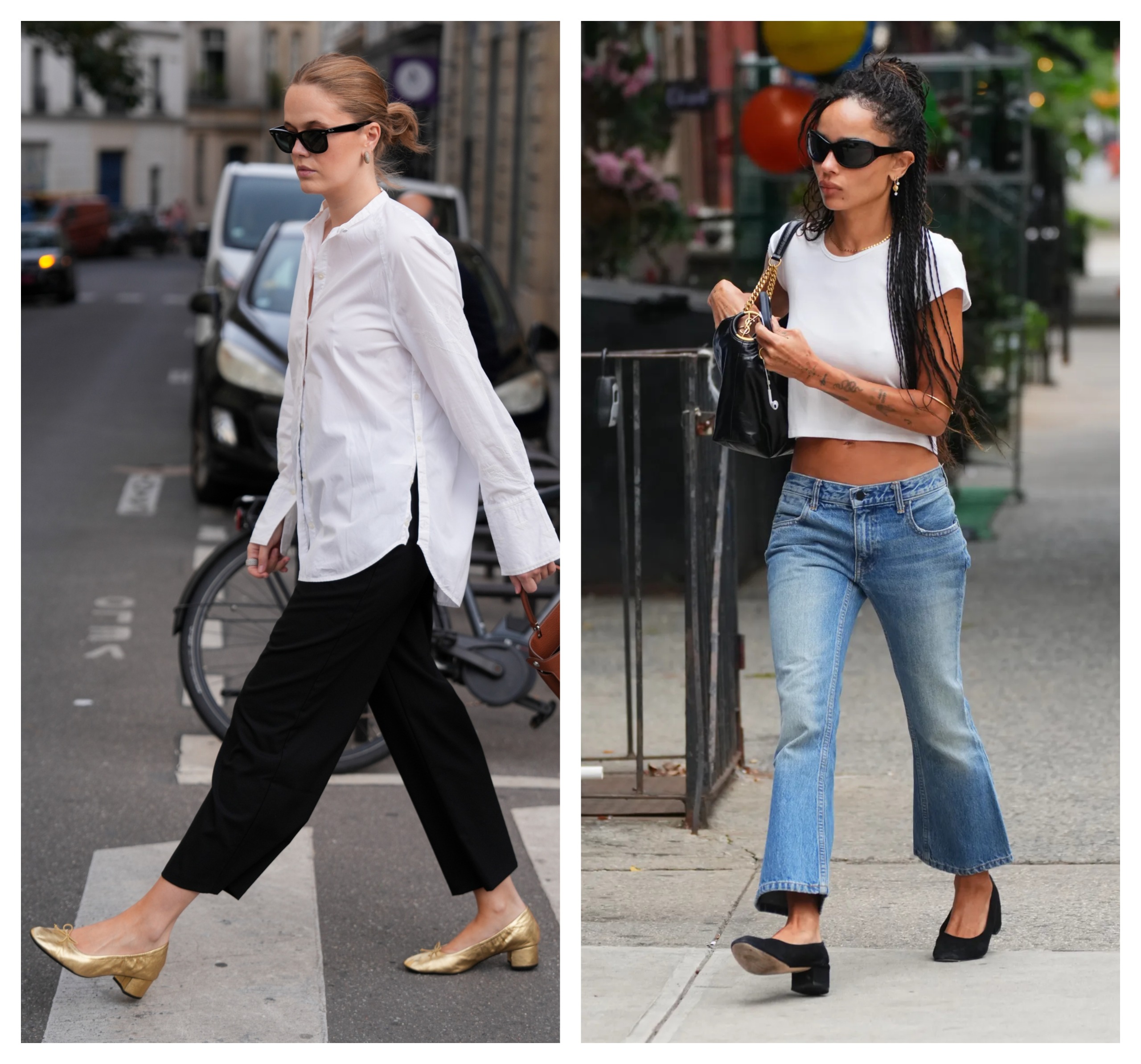 collage of a French girl and Zoe kravitz wearing the same French girl trend: heeled ballet flats