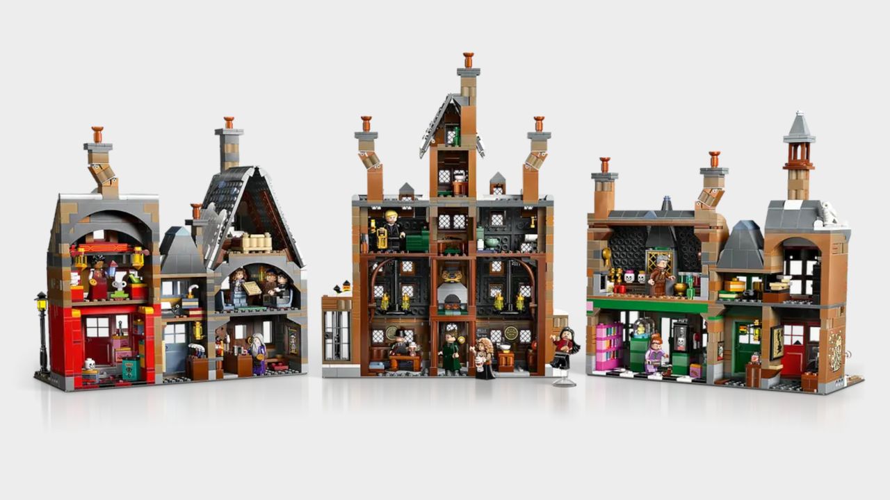 Lego Hogsmeade Village - Collectors' Edition set and minifigures against a plain background