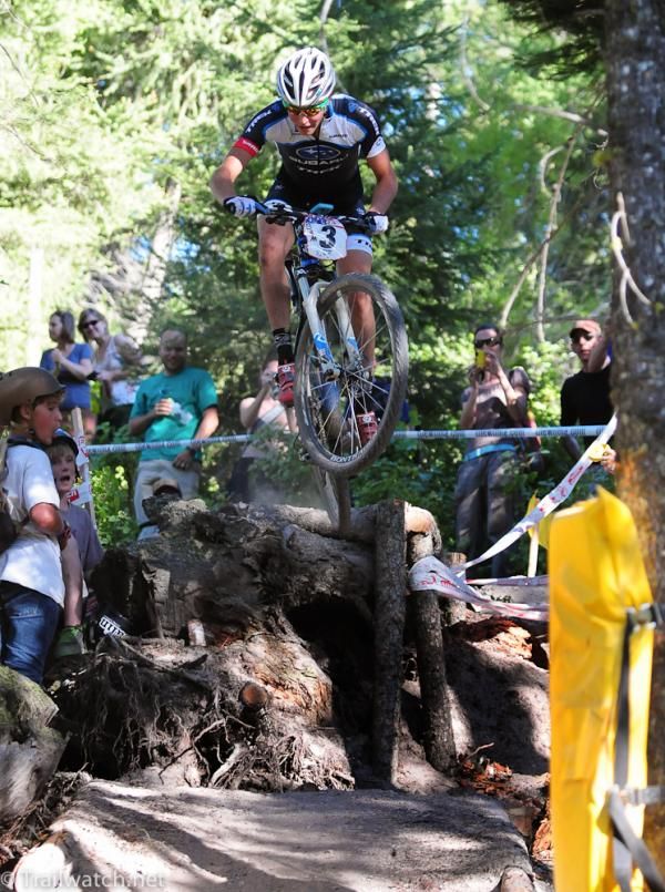 Sam Schultz (Subaru Trek)takes the jump on the "A-Line" that many riders avoided