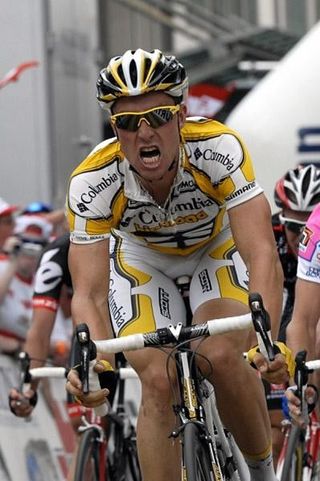 Bernard Eisel shows the effort it took to win the Tour de Suisse's second stage.