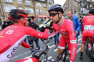 Nacer Bouhanni celebrates with a teammate after winning stage 2 at Tour de Yorkshire