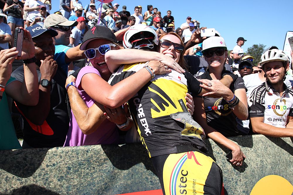 Christoph Sauser of Investec-Songo-Specialized celebrates after winning his fifth Absa Cape Epic