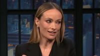 Olivia Wilde on television in an interview with Seth Meyers. 