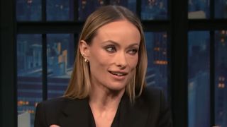 Olivia Wilde on television in an interview with Seth Meyers. 