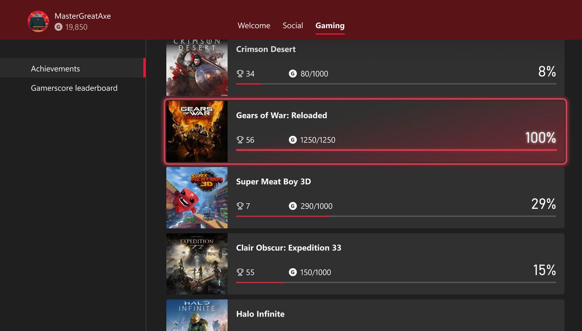 परिमार्जन गरिएको Xbox उपलब्धि अद्यावधिकको स्क्रिनसट