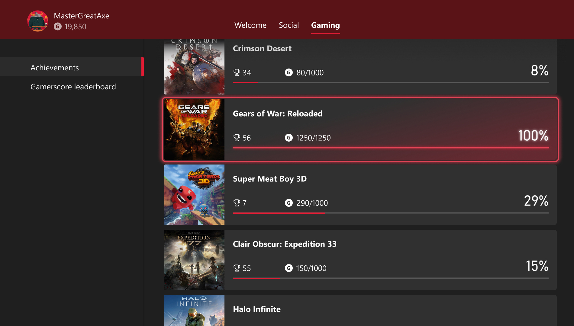 A screenshot of the revamped Xbox Achievements update