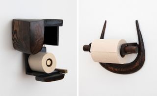Two toilet roll holders in dark wood presented by Marta during New York Design Week